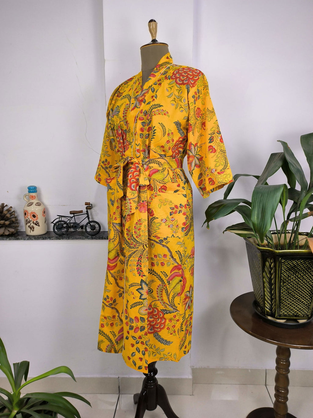 block-printed Cotton Kimono Robe in yellow green red floral