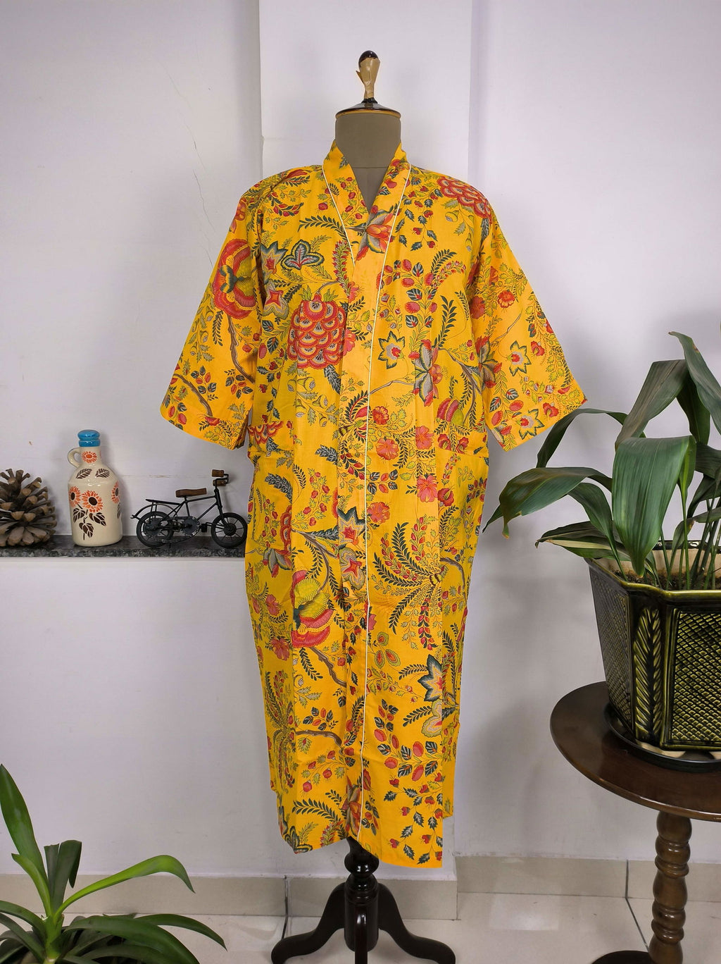 block-printed Cotton Kimono Robe in yellow green red floral