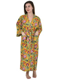 block-printed Cotton Kimono Robe in yellow mustard pink floral