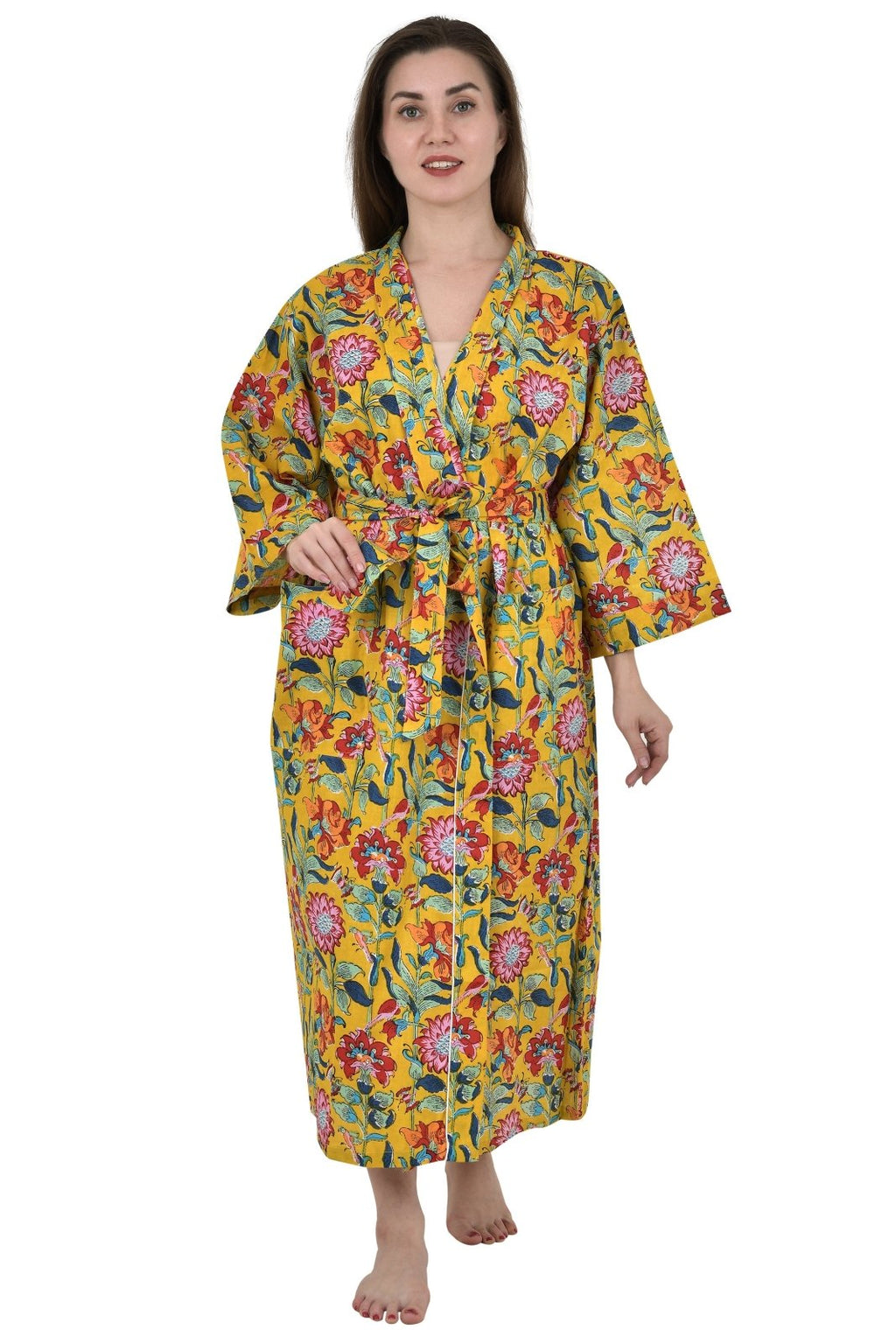 block-printed Cotton Kimono Robe in yellow mustard pink floral