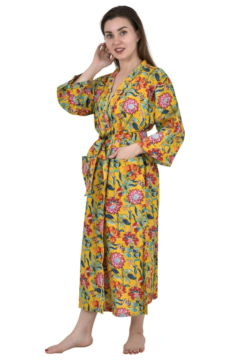 block-printed Cotton Kimono Robe in yellow mustard pink floral