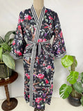 Women's block-printed Cotton Kimono Robe in black striped