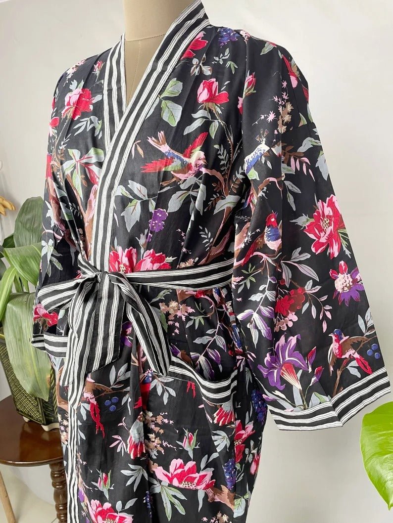 Women's block-printed Cotton Kimono Robe in black striped