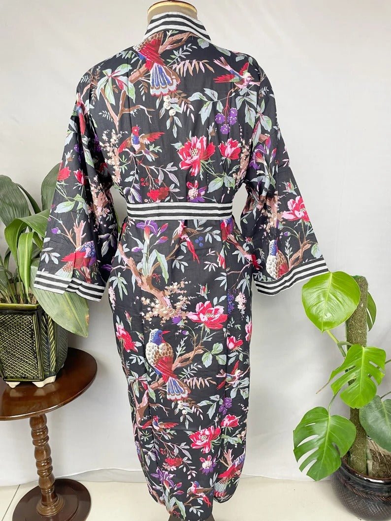 Women's block-printed Cotton Kimono Robe in black striped
