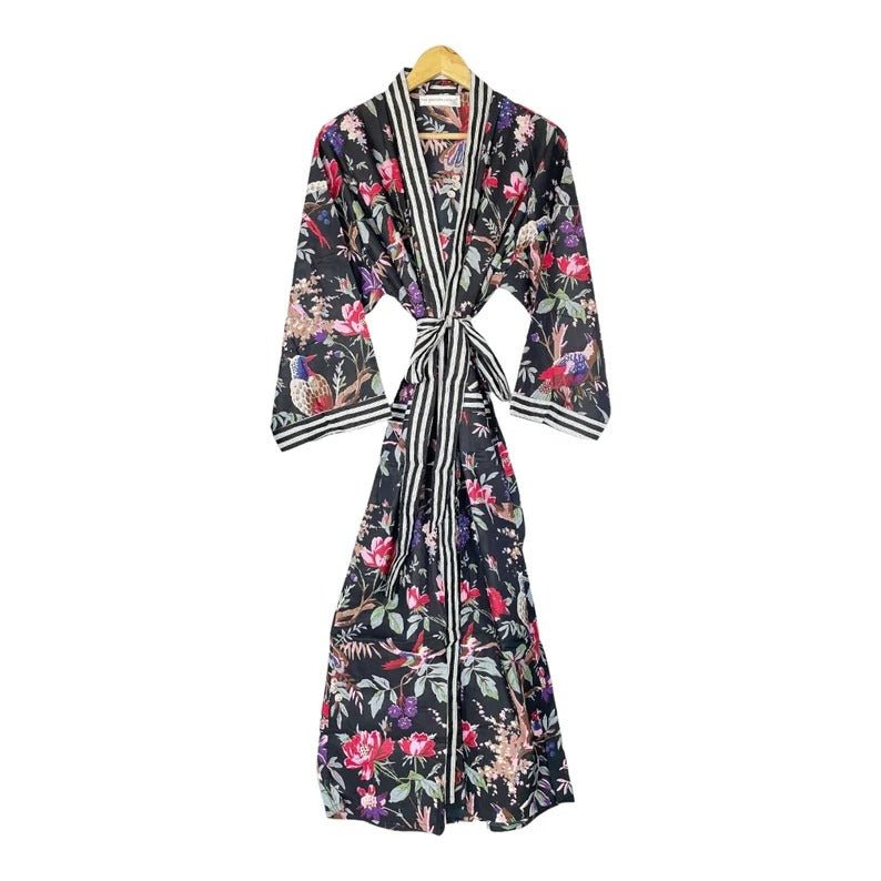 Women's block-printed Cotton Kimono Robe in black striped