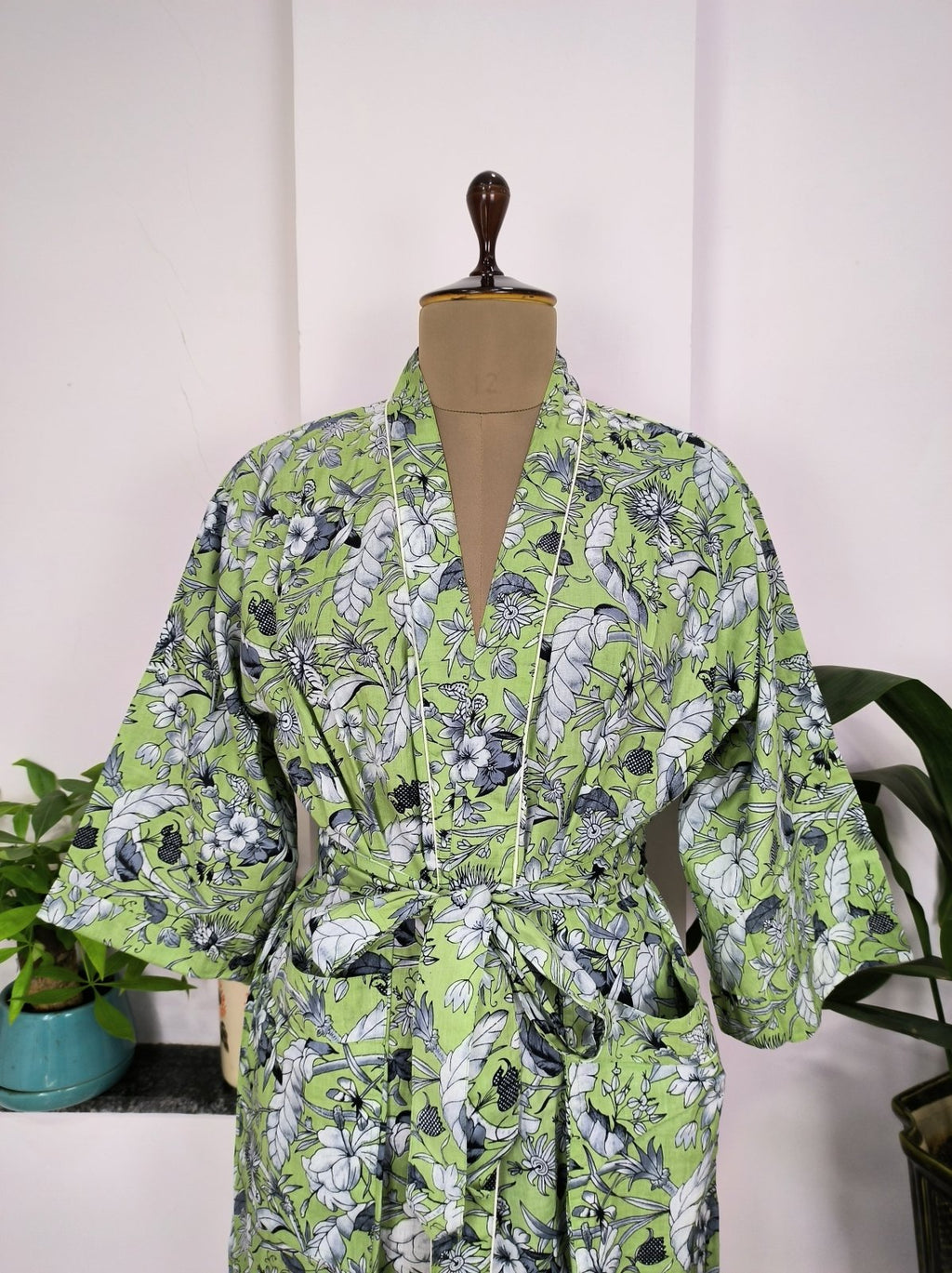 Women's block-printed Cotton Kimono Robe in green pista leaf