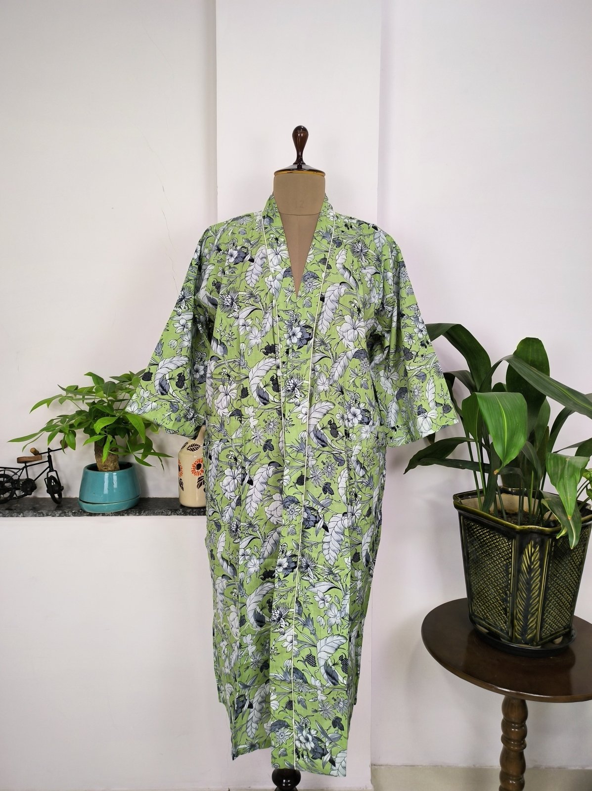 Women's block-printed Cotton Kimono Robe in green pista leaf