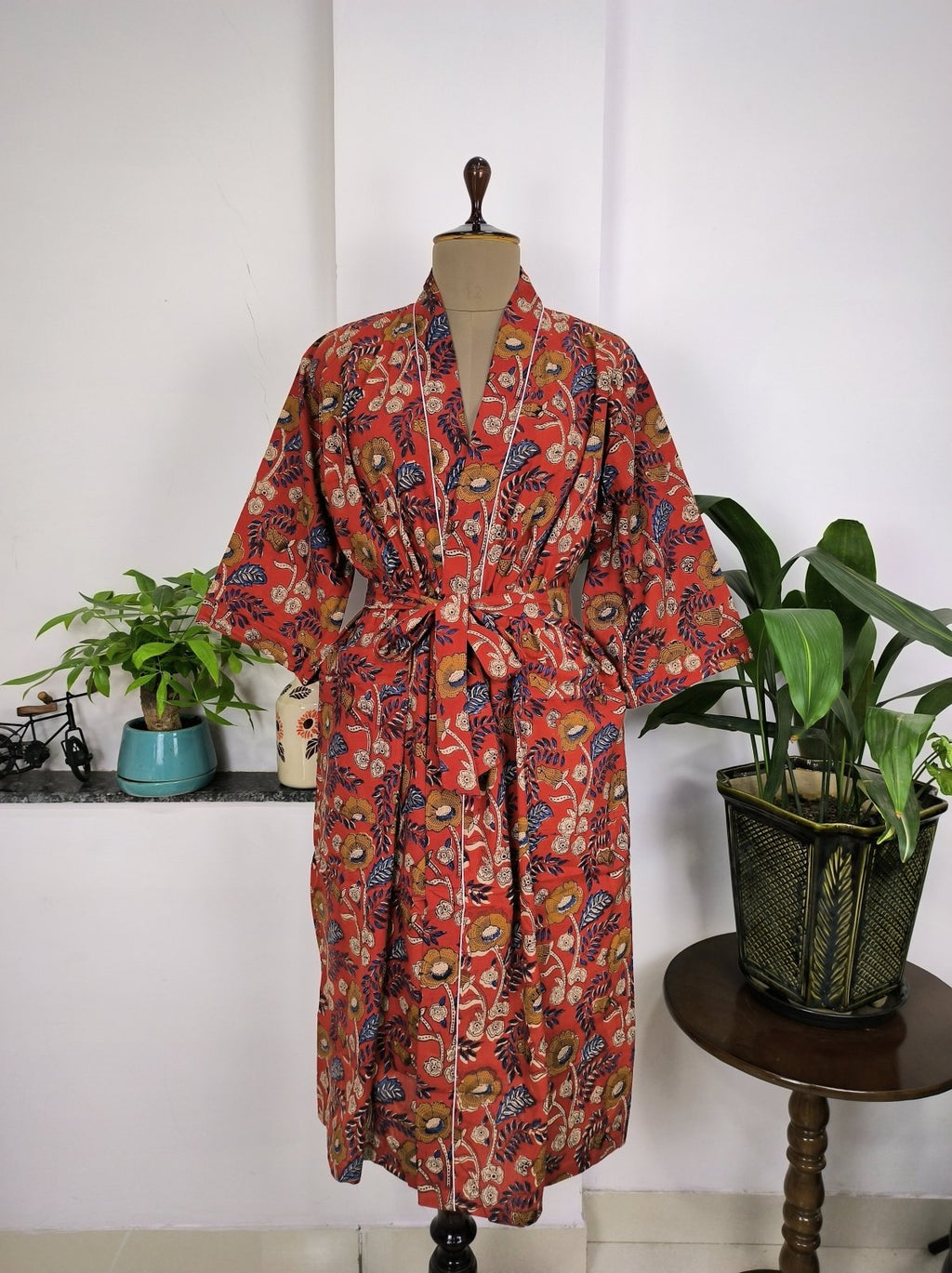 Women's block-printed Cotton Kimono Robe in maroon yellow floral