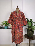 Women's block-printed Cotton Kimono Robe in maroon yellow floral