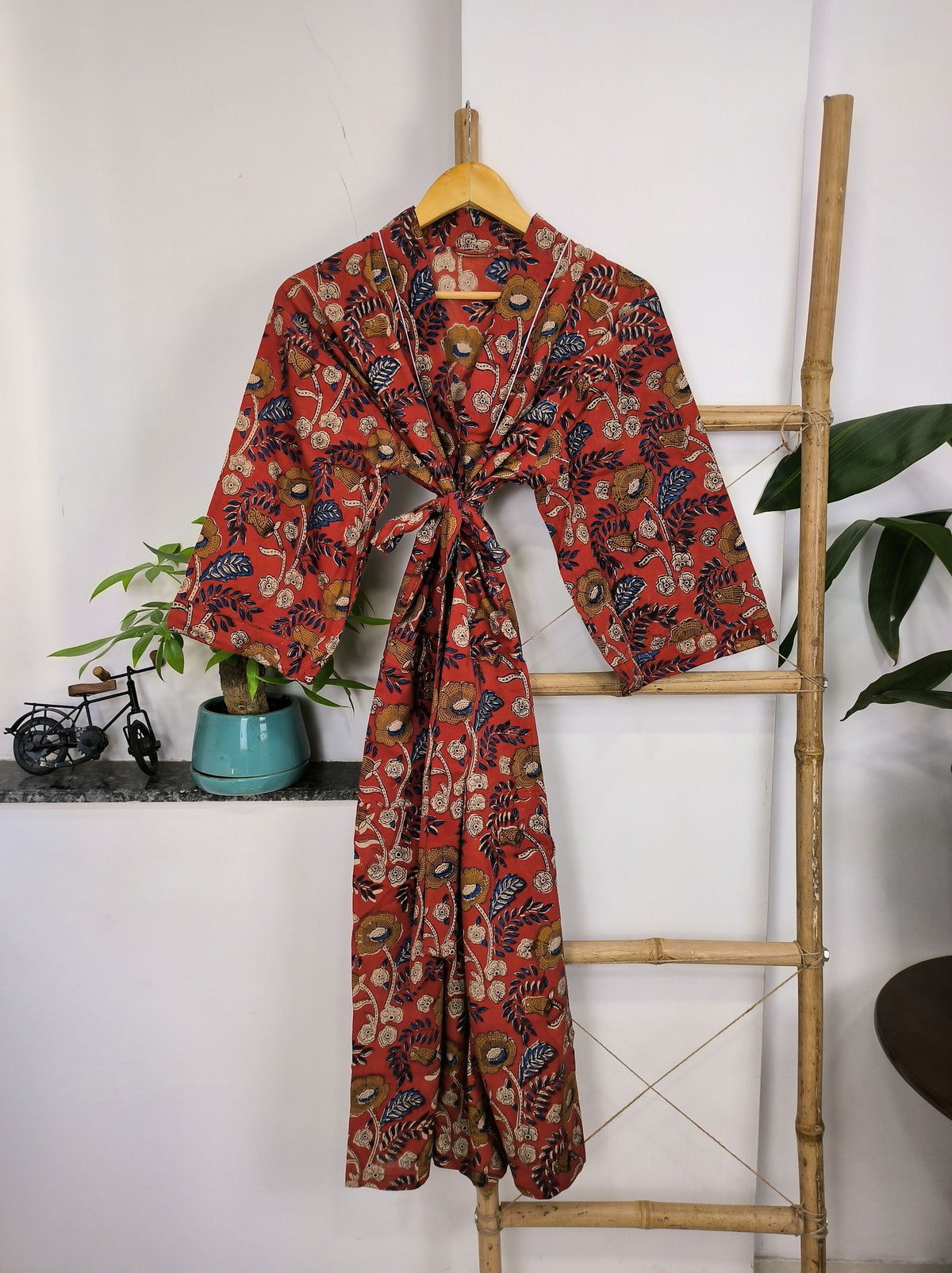 Women's block-printed Cotton Kimono Robe in maroon yellow floral