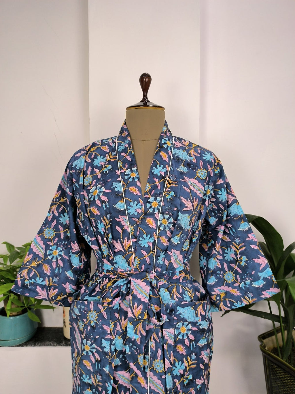 Women's block-printed Cotton Kimono Robe in pink blue yellow leaf