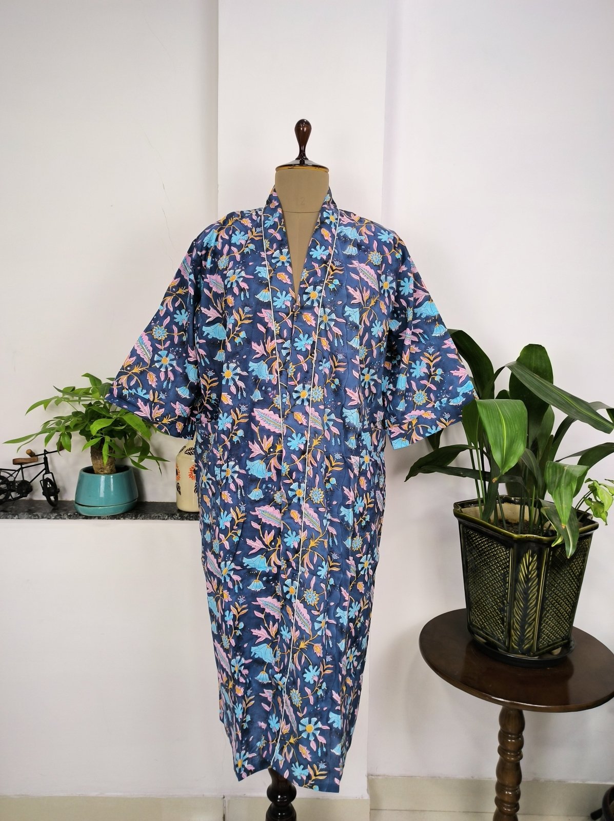 Women's block-printed Cotton Kimono Robe in pink blue yellow leaf
