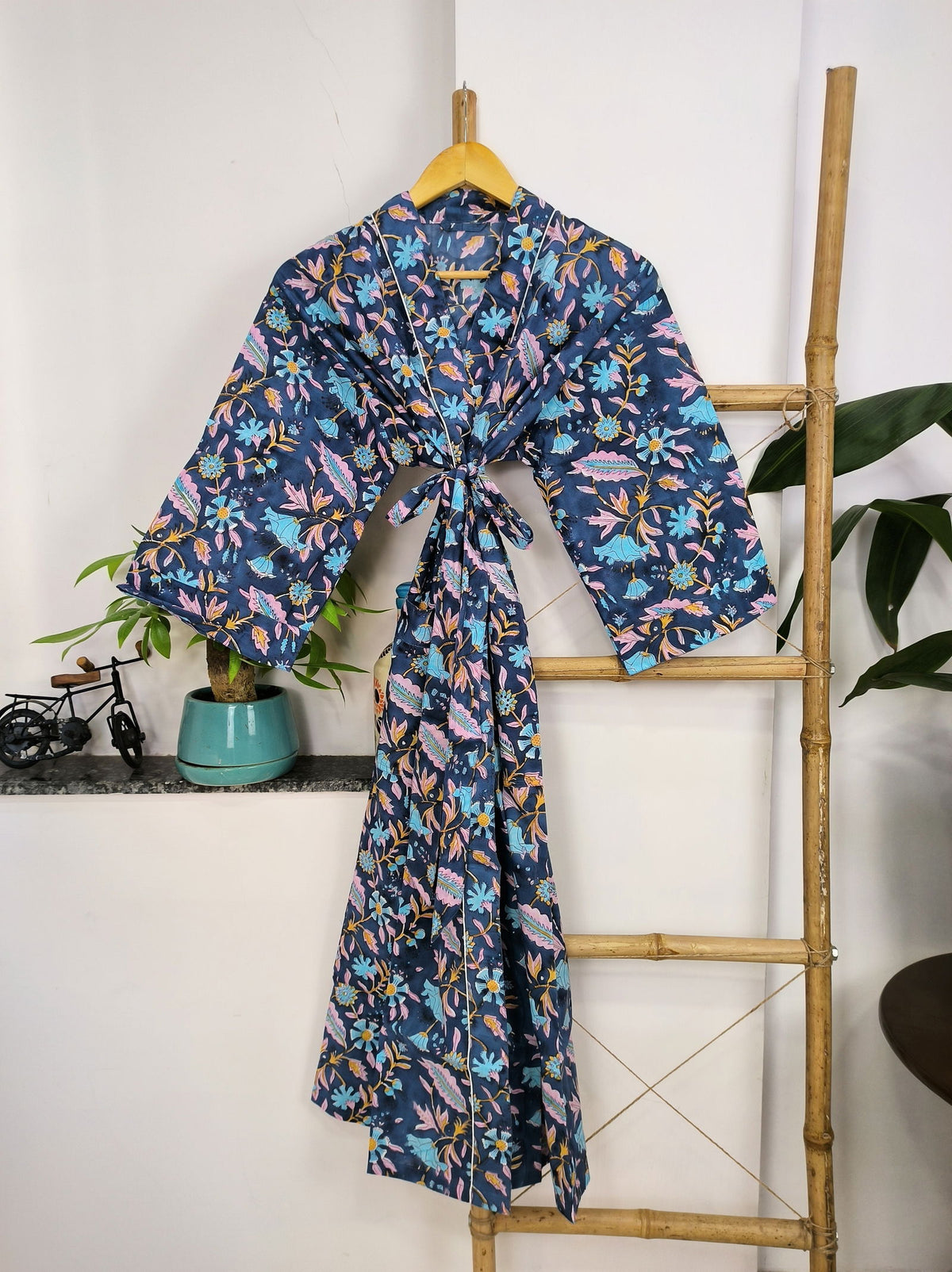 Women's block-printed Cotton Kimono Robe in pink blue yellow leaf