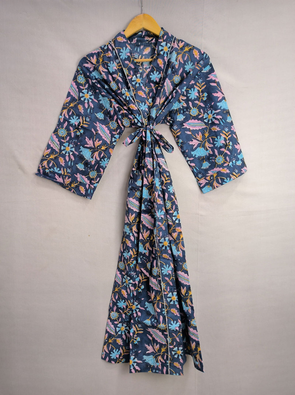 Women's block-printed Cotton Kimono Robe in pink blue yellow leaf