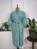Women's block-printed Cotton Kimono Robe in mustard leaf