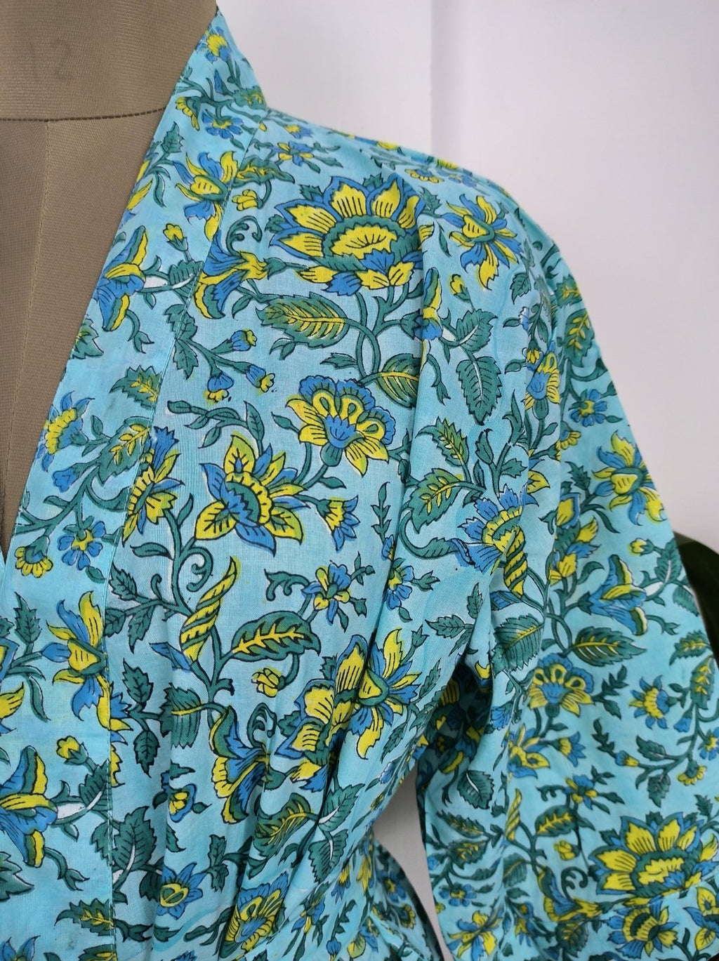 Women's block-printed Cotton Kimono Robe in mustard leaf