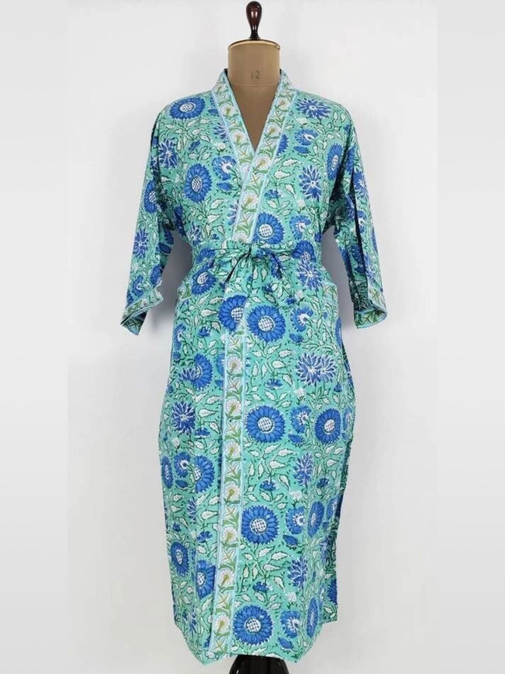 block-printed Cotton Kimono Robe in aqua green floral
