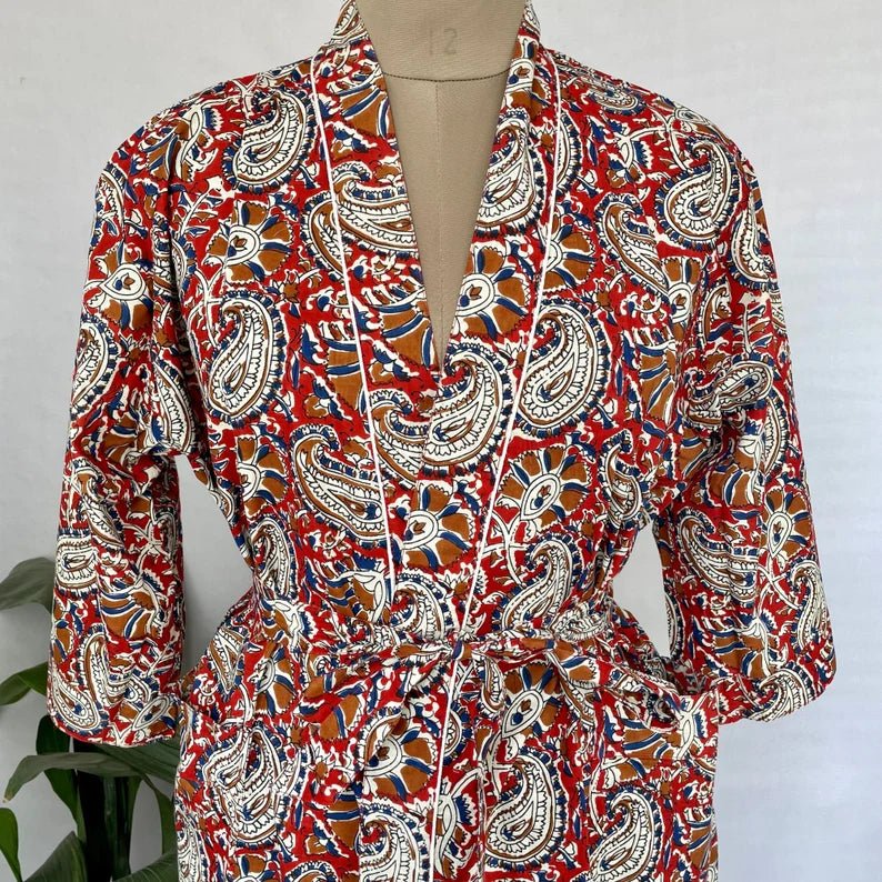 block-printed Cotton Kimono Robe in red blue paisley