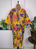 block-printed Cotton Kimono Robe in yellow