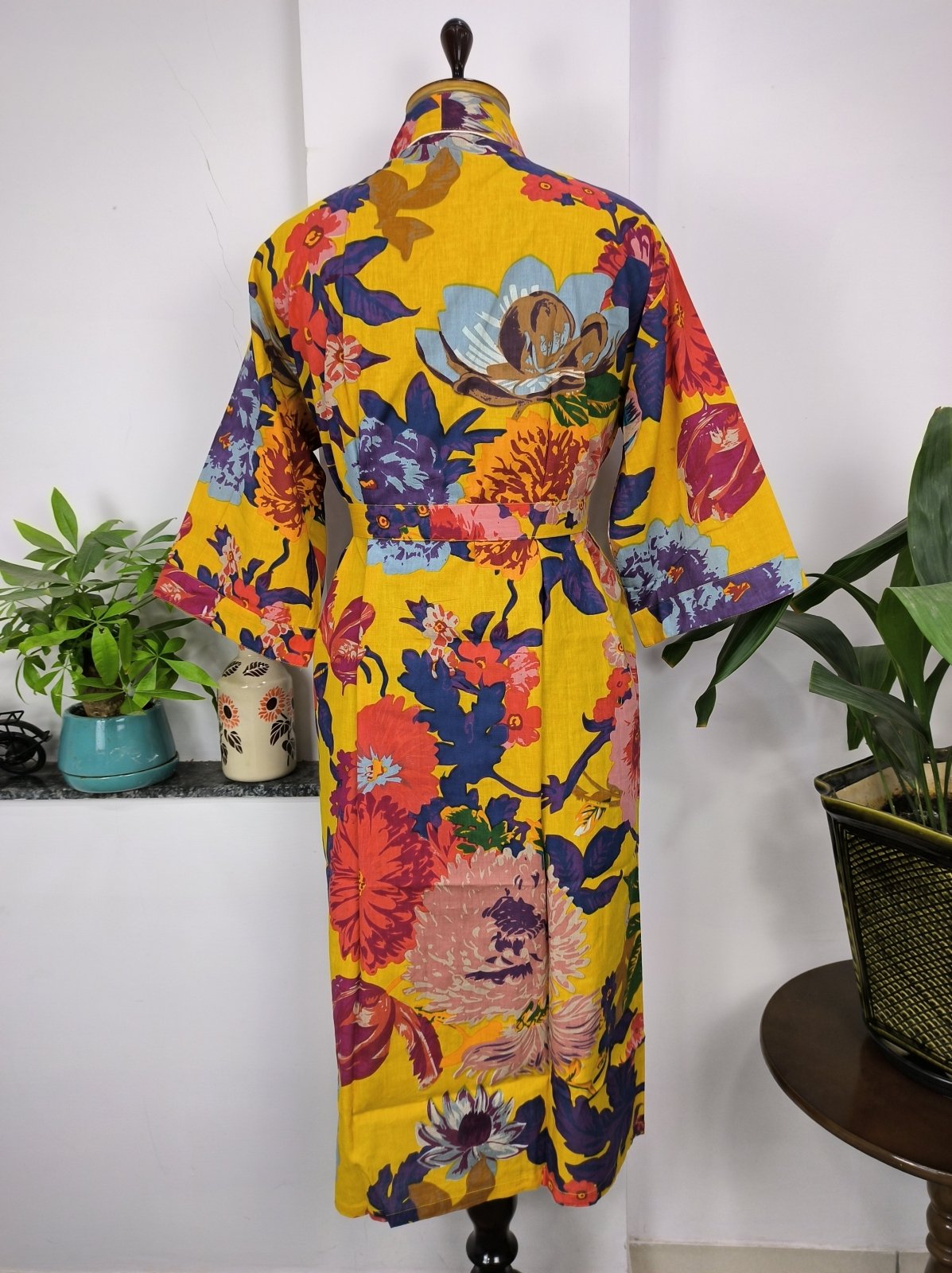 block-printed Cotton Kimono Robe in yellow