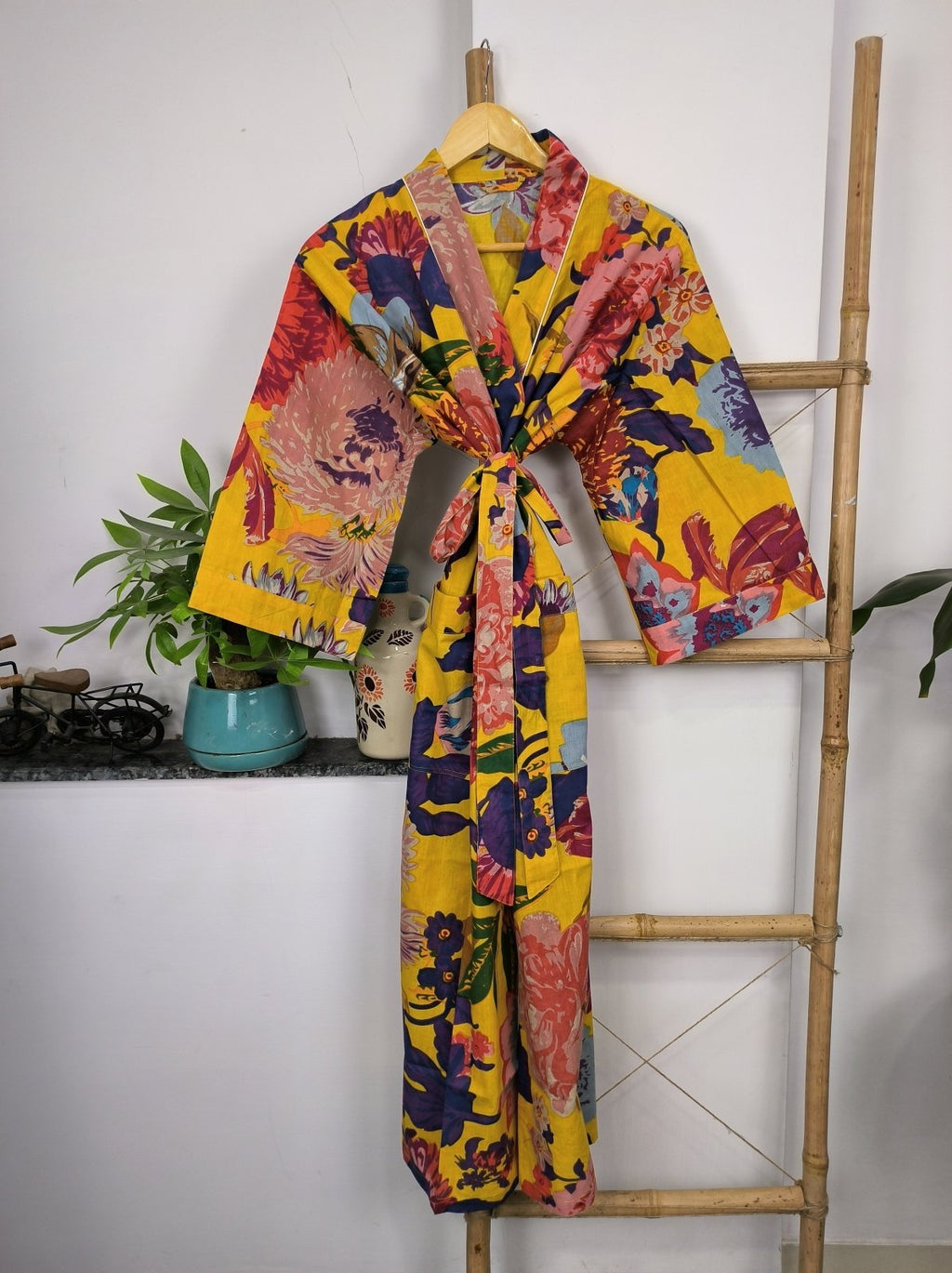 block-printed Cotton Kimono Robe in yellow