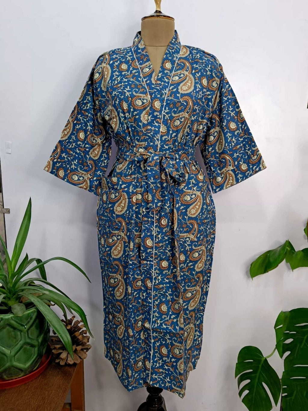 block-printed Cotton Kimono Robe in blue paisley