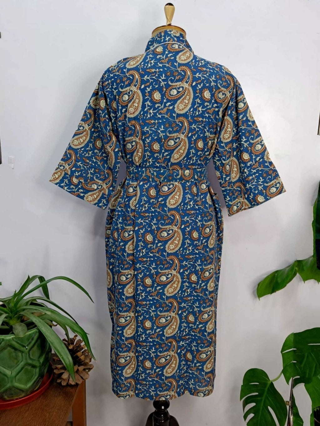 block-printed Cotton Kimono Robe in blue paisley