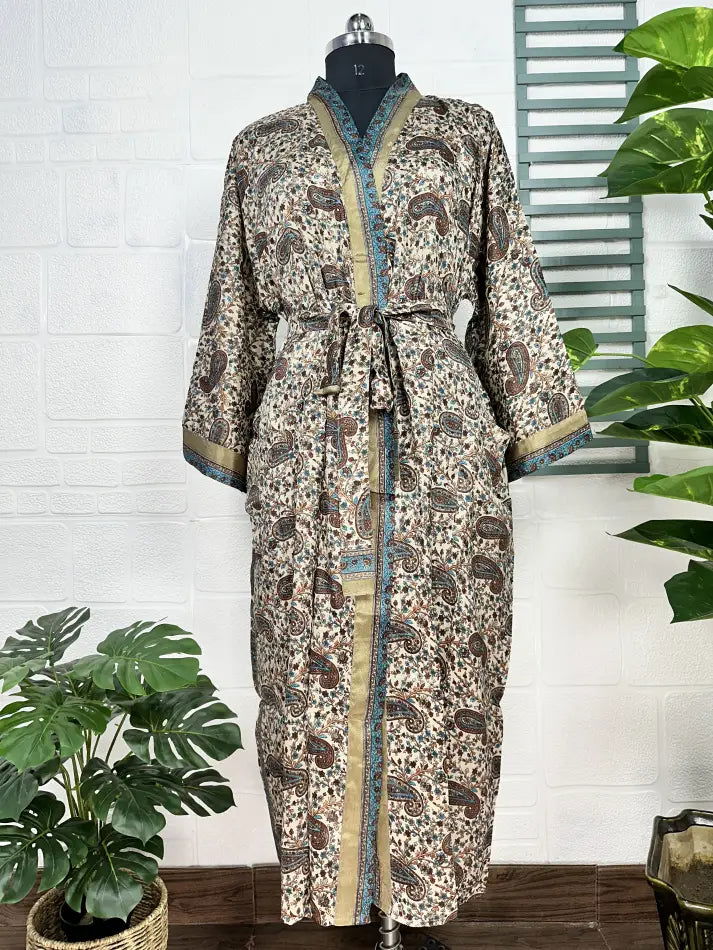 Women's Recycled Silk Kimono Robe in beige brown