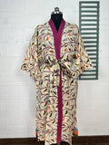 Cotton Kimono Robe in beige purple bird