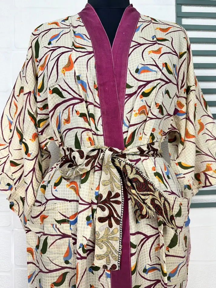 Cotton Kimono Robe in beige purple bird