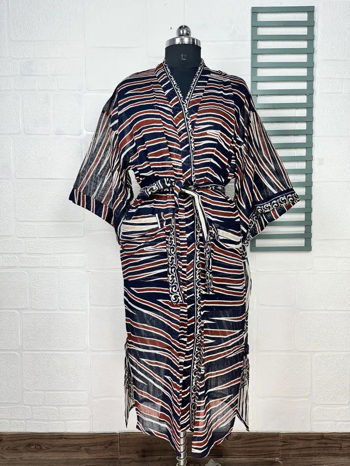 Cotton Kimono Robe in black brown tie-dye