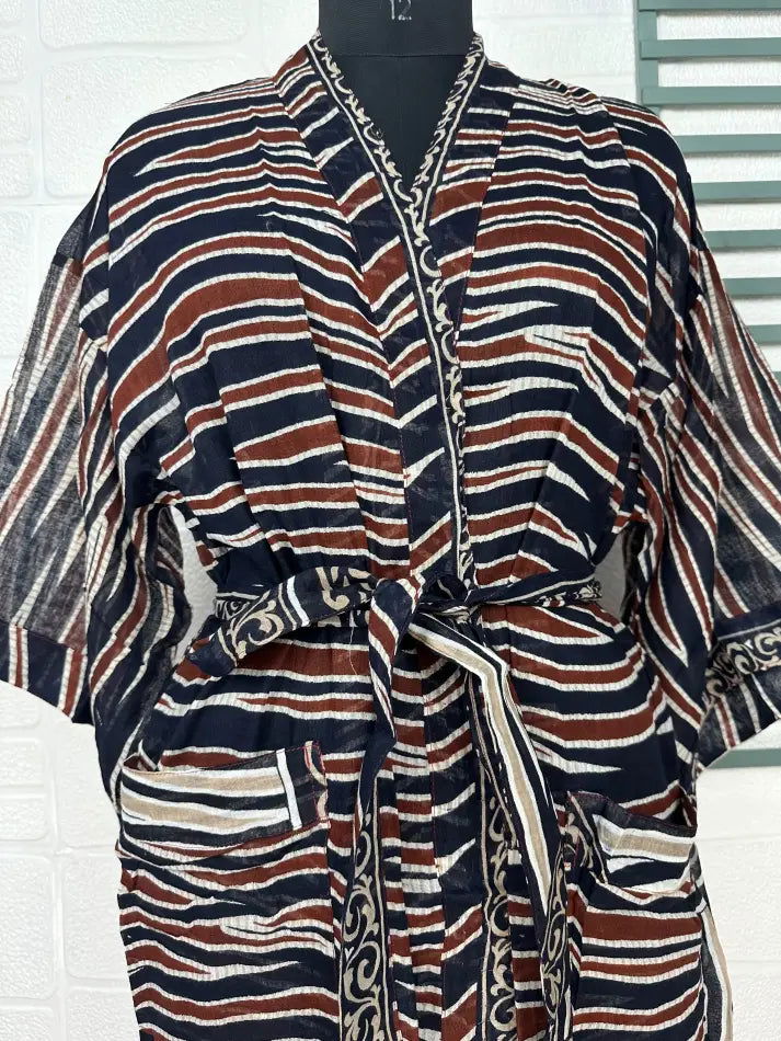 Cotton Kimono Robe in black brown tie-dye
