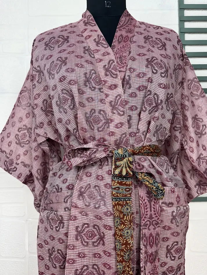 Cotton Kimono Robe in pink bird