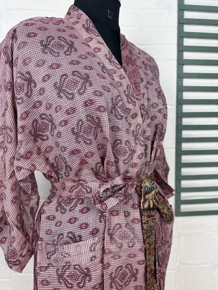 Cotton Kimono Robe in pink bird