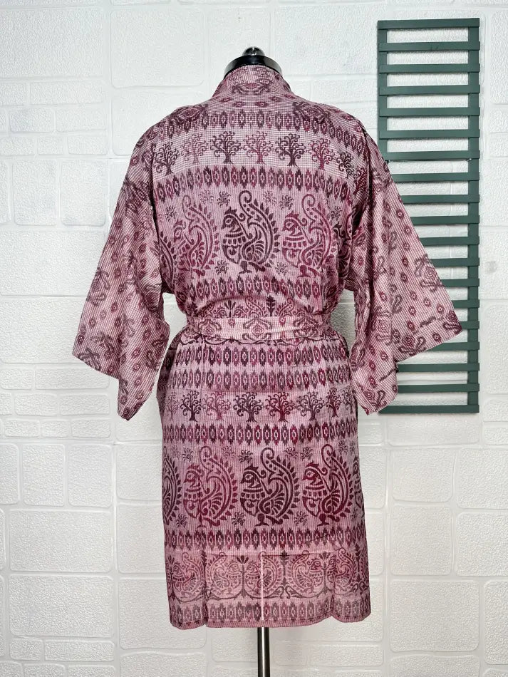 Cotton Kimono Robe in pink bird