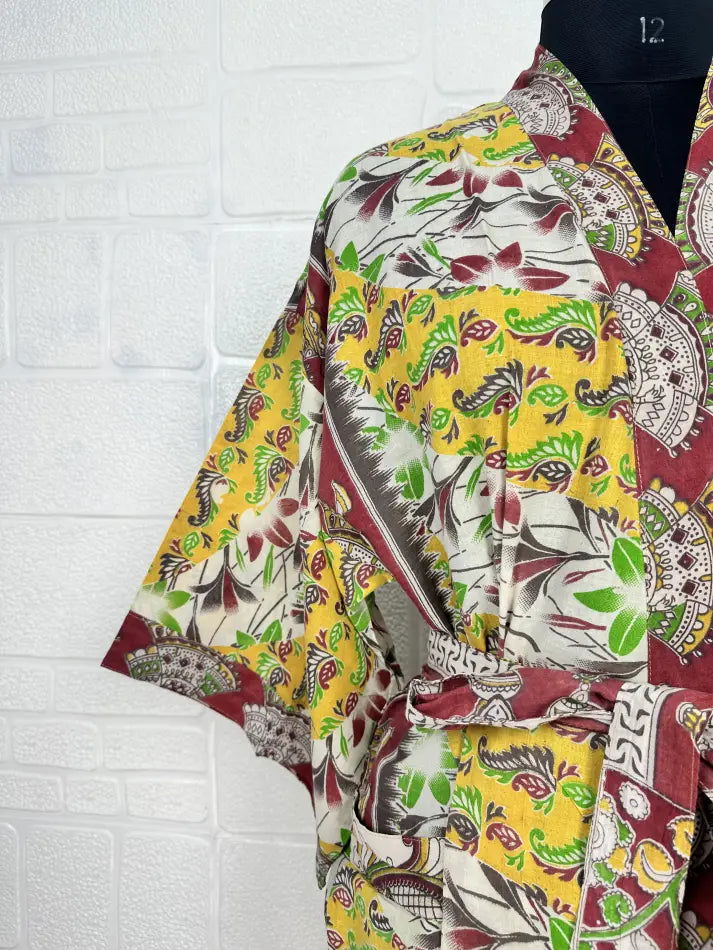 Cotton Kimono Robe in white yellow floral