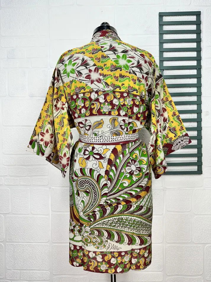 Cotton Kimono Robe in white yellow floral