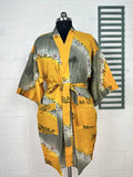 Cotton Kimono Robe in yellow grey floral