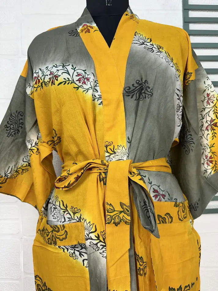 Cotton Kimono Robe in yellow grey floral
