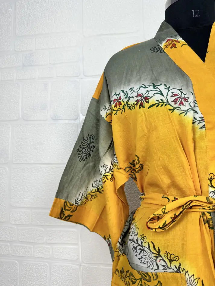 Cotton Kimono Robe in yellow grey floral