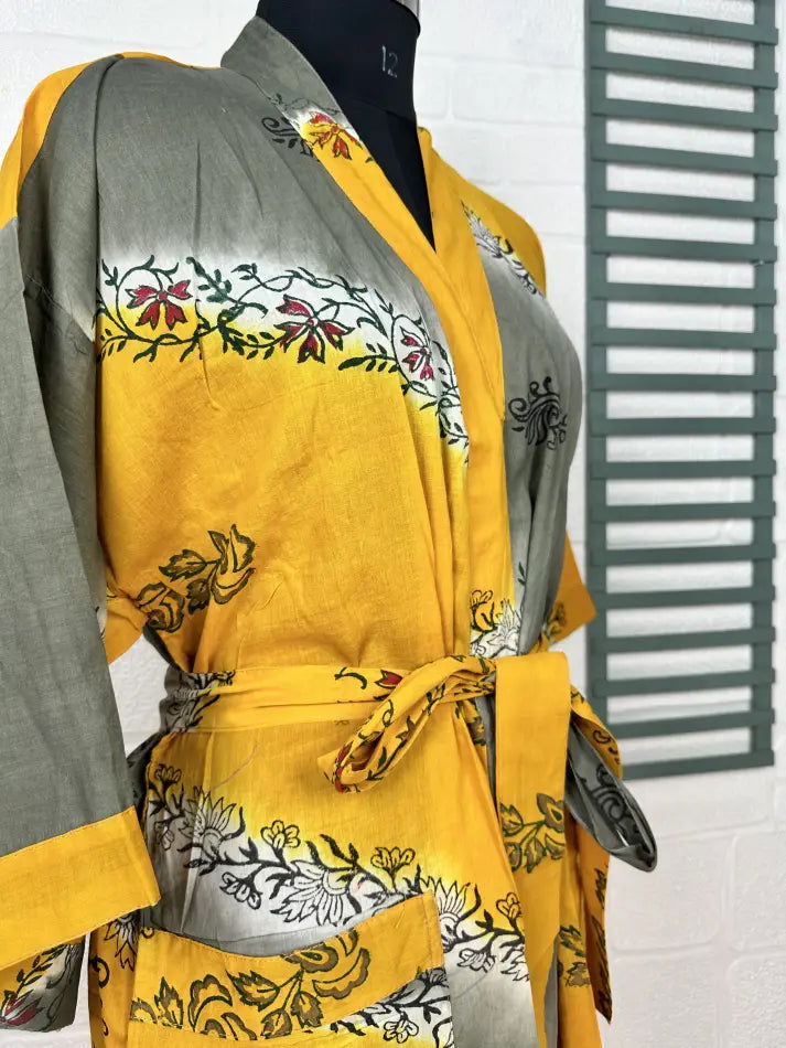 Cotton Kimono Robe in yellow grey floral