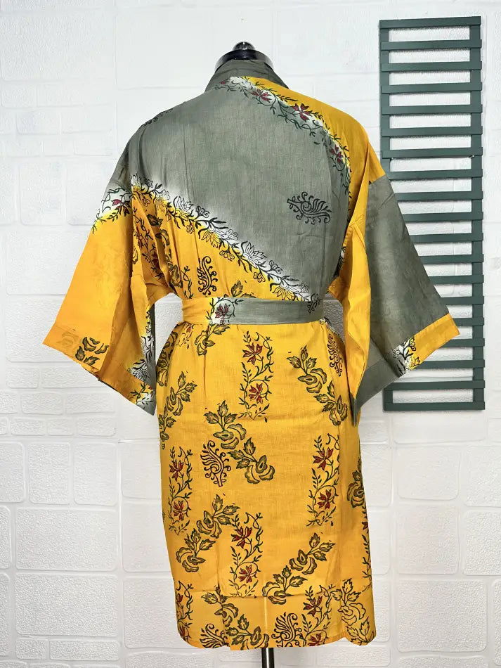 Cotton Kimono Robe in yellow grey floral