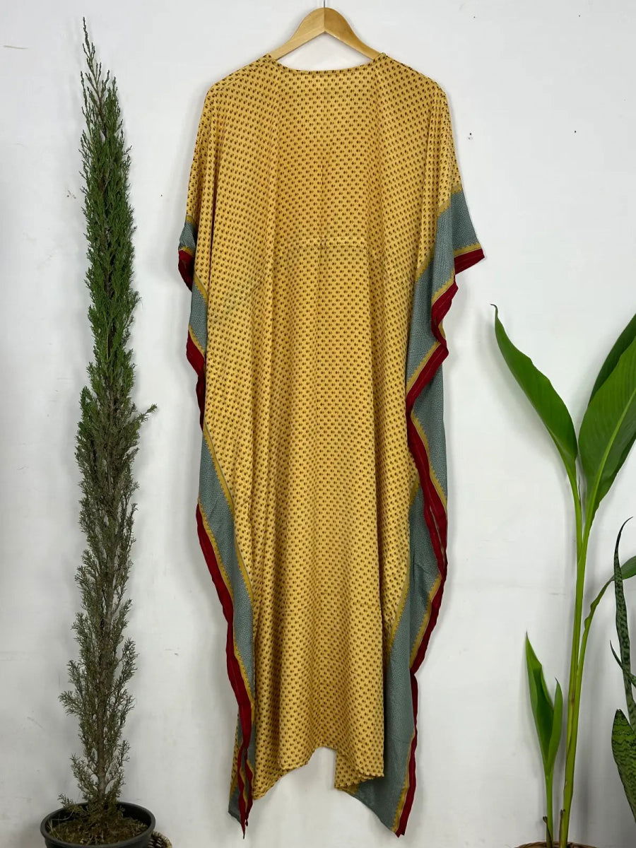 Women's Recycled Silk Long Kaftan in golden red floral