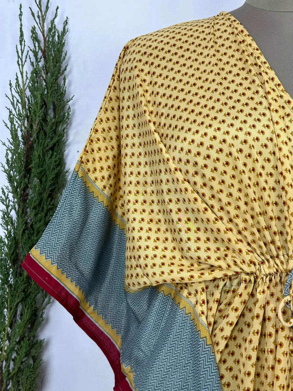 Women's Recycled Silk Long Kaftan in golden red floral