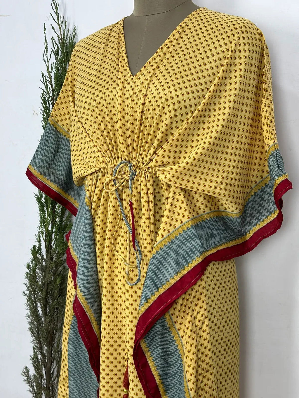 Women's Recycled Silk Long Kaftan in golden red floral
