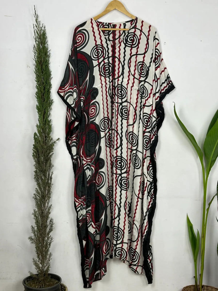 Women's Recycled Silk Long Kaftan in grey red geometric