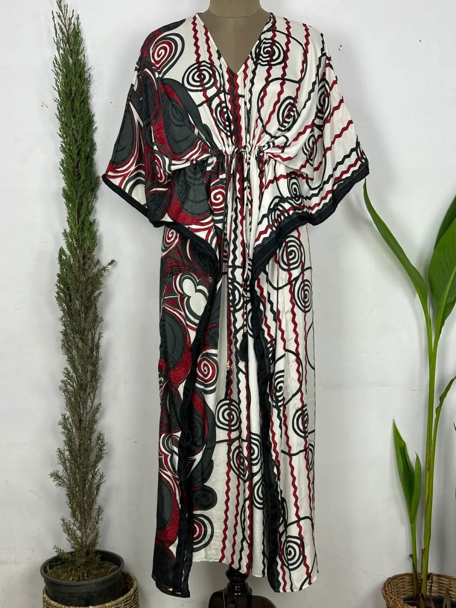 Women's Recycled Silk Long Kaftan in grey red geometric