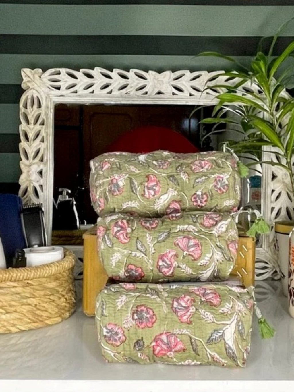 block-printed Cotton Toiletry Bag Set of 3 in floral