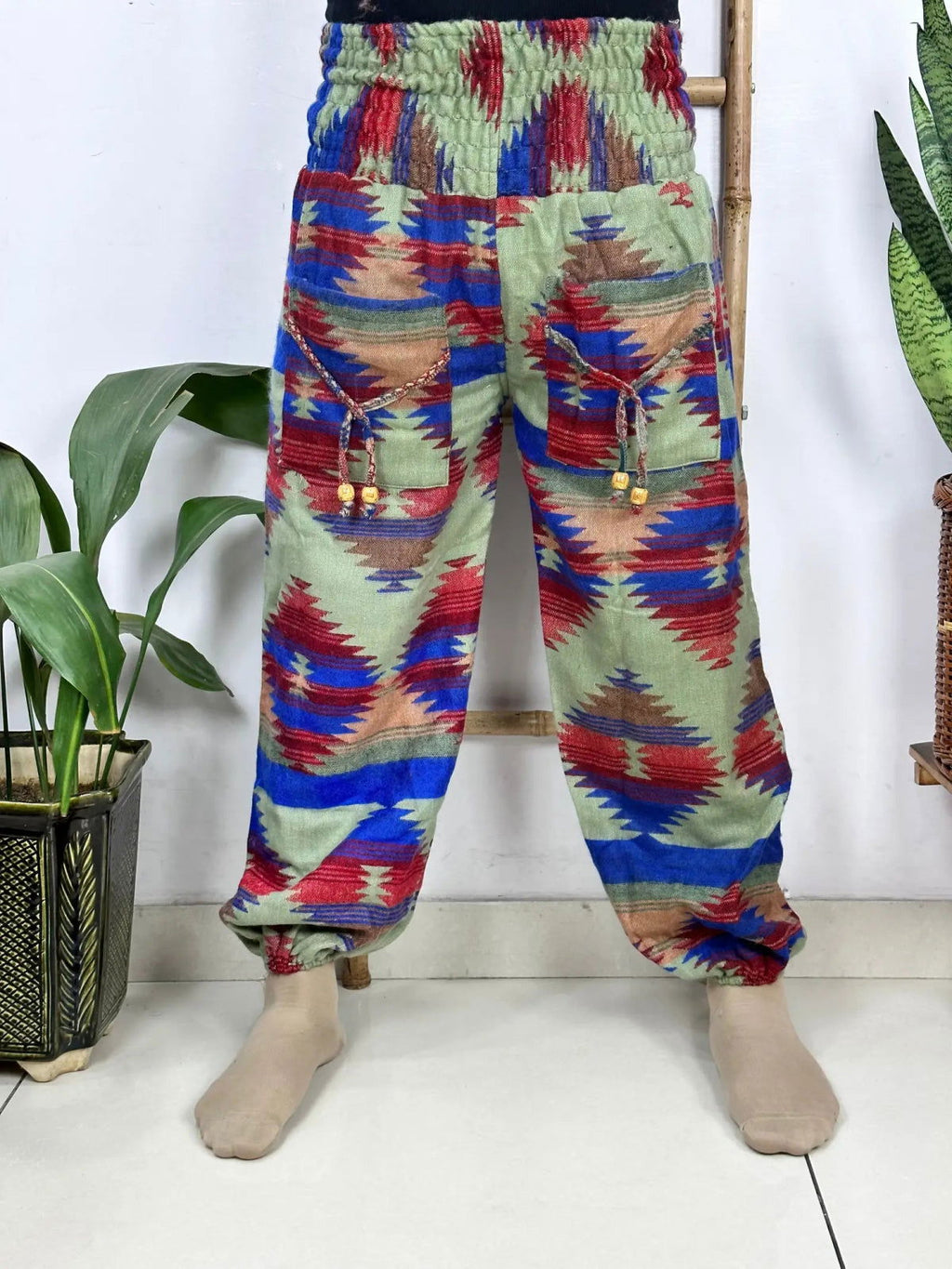 Unisex Yak Wool Blend Harem Pants in geometric