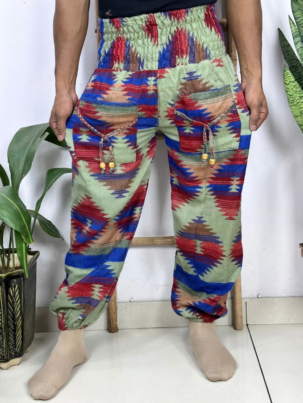 Unisex Yak Wool Blend Harem Pants in geometric